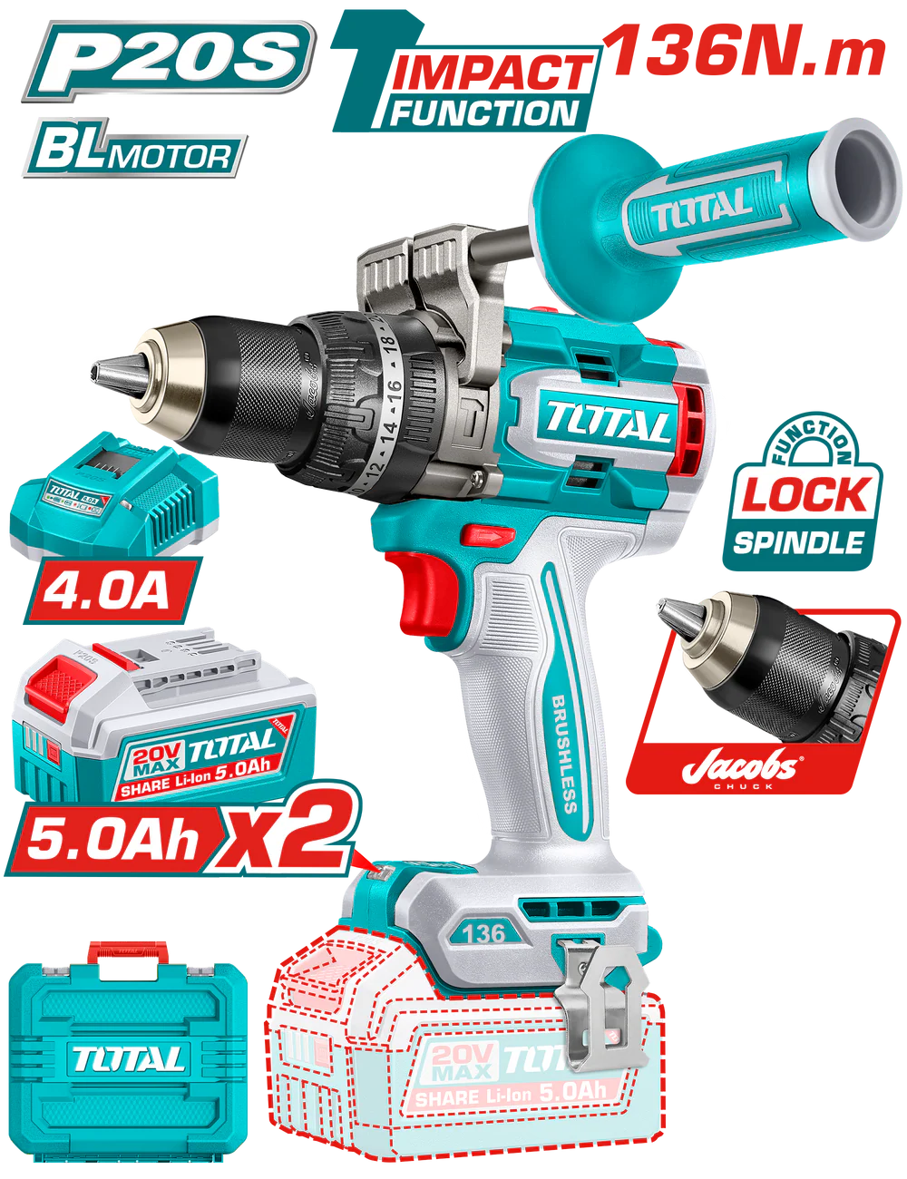 TIDLI201368_1000x شنيور دقاق 20 فولت 136 نيوتن 2 بطارية 5 امبير Impact Drill TIDLI201368 - الصورة 1